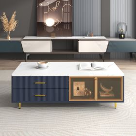 Modern Navy Blue Coffee Table with 2 Glass Door Storage, 4 Drawers, Gold Metal Legs, and Multi-Color Lighting in 47.2'' - as Pic