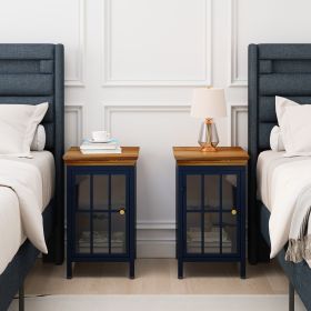 Nightstand with Storage Cabinet & Solid Wood Tabletop, Bedside Table, Sofa Side Coffee Table for Bedroom, Living Room, Dark Blue