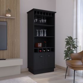 Bar Cabinet 70"H with Wine Rack, Upper Glass Cabinet, three Open Storage Shelves and One Cabinet,Black - as Pic