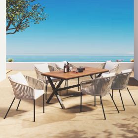 GO 7 Pieces Patio Dining Set, All-Weather Outdoor Furniture Set with Dining Table and Chairs, Acacia Wood Tabletop, Metal Frame, Beige