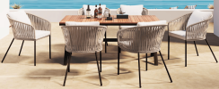 GO 7 Pieces Patio Dining Set, All-Weather Outdoor Furniture Set with Dining Table and Chairs, Acacia Wood Tabletop, Metal Frame, Beige