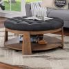 Wire-brushed Finish Natural Tone/Dark Gray 1pc Ottoman Transitional Style Deep Button Linen Like Tufted Seat Open Bottom Shelf Living Room - as Pic