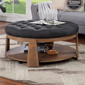 Wire-brushed Finish Natural Tone/Dark Gray 1pc Ottoman Transitional Style Deep Button Linen Like Tufted Seat Open Bottom Shelf Living Room - as Pic