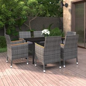7 Piece Patio Dining Set with Cushions Poly Rattan and Glass - Gray