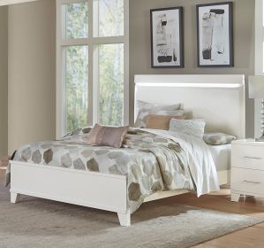 White High Gloss Finish Modern Full Bed 1pc LED Light Headboard Faux Leather Upholstered Wooden Furniture - as Pic