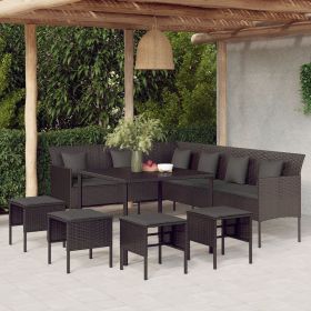 6 Piece Patio Dining Set with Cushions Black Poly Rattan - Black