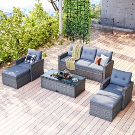GO 6-piece All-Weather Wicker PE rattan Patio Outdoor Dining Conversation Sectional Set (Dark grey wicker, Light grey cushion) - as Pic