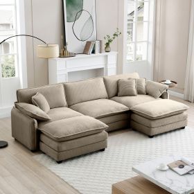 Oversized modular cushioned sofa with conversible ottoman, 3-seater sofa with 2 footstools, U shape sofa in Camel corduroy fabric - as Pic