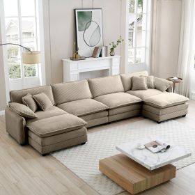 Over size U Shape Corduroy Sofa , Modern Upholstered 4 Seater Sofa with 2 Ottomans, Premium Soft Corduroy Fabric Sofa - as Pic