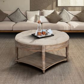 Large Round Ottoman Coffee Table 2 Tier Oversized Button Tufted Ottoman with Wooden Shelf