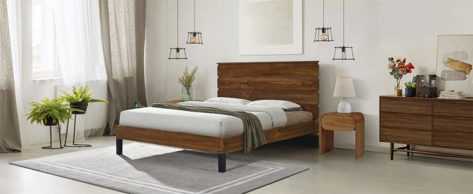 Mid-Century Modern Solid Wood Bed Frame Queen Size Platform Bed with Six-Piece Headboard Design, No Box Spring Needed, Brown - as Pic