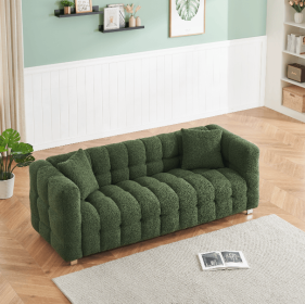 Refreshing Green Teddy Fleece Sofa - 80" Ideal for Living Room or Bedroom, Comes with Two Throw Pillows and Sturdy Hardware Foot Support - as Pic