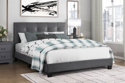 1pc Queen Platform Bed Dark Gray Velvet Upholstered Adjustable Height Headboard Button Tufted Solid Wood Bedroom Furniture - as Pic
