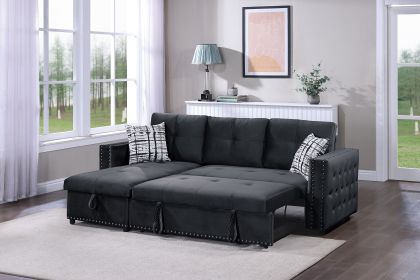 Black Velvet Convertible Sectional Sofa Pull out Bed Couch Storage Chaise Tufted Reversible 2pc Sectional Living Room - as Pic