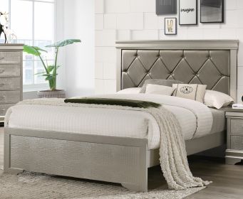 Modern 1pc Beige Champagne Finish Full Size Panel Bed Wooden Crocodile Texture PU Upholstered Headboard Crystal-Like Button Tufted Fabric