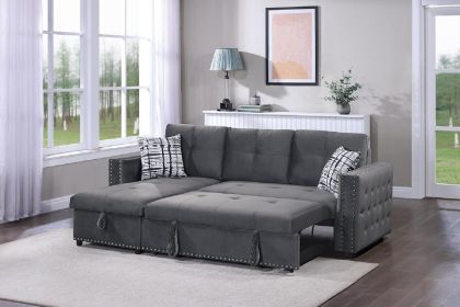 Gray Velvet Convertible Sectional Sofa Pull out Bed Couch Storage Chaise Tufted Reversible 2pc Sectional Living Room - as Pic