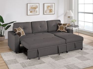 Ash Black Dorris Fabric Convertible Sectional Sofa Pull out Bed Couch Storage Chaise Cup Holders Pillows 2pc Sectional Living Room - as Pic