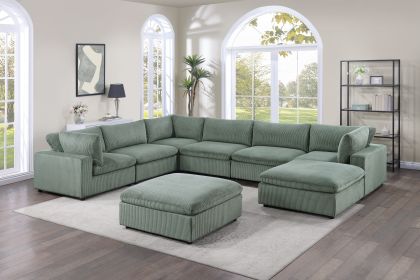 Sage Color 8pc Modular Sectional Set Corduroy Upholstery Couch 3x Corner wedge, 3x Armless Chairs 2x Ottomans Living Room Furniture - as Pic