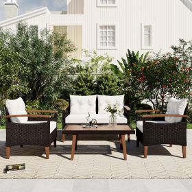 GO 4-Piece Garden Furniture, Patio Seating Set, PE Rattan Outdoor Sofa Set, Wood Table and Legs, Brown and Beige - as Pic