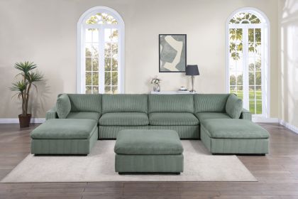 Sage Color 7pc Modular Sectional Set Corduroy Upholstery Couch 2x Corner wedge, 2x Armless Chairs 3x Ottomans Living Room Furniture - as Pic