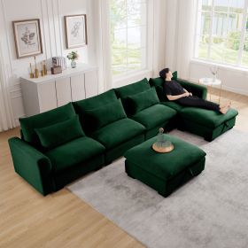 Big Deep Seat U-Shaped Corduroy Sectional 4 Seater Sofa Couch with 2 Storage Footstool and 4 Waist Pillows (Corduroy, Green) - as Pic