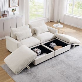 Corduroy Two-Seater Sofa with 2 Storage Footrest, 2 Seater Sectional deep seat sofa,Comfy Couches for Living Room ,Beige Sofa - as Pic