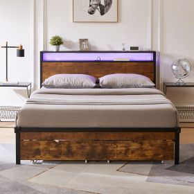 Full Size Metal Platform Bed Frame with Wooden Headboard and Footboard with USB,Charging Station,2 Drawers,LED Lights