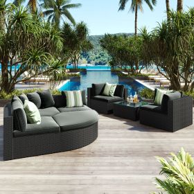 GO 7-piece Outdoor Wicker Sofa Set, Rattan Sofa Lounger, With Striped Green Pillows, Conversation Sofa, Gray Cushion