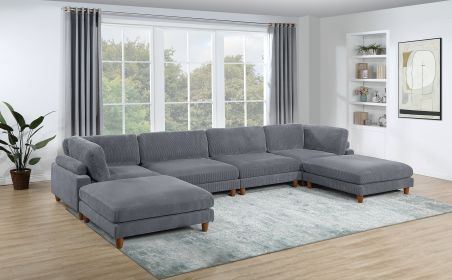 Contemporary Dark Gray 6pc Modular Sectional Set Corduroy Upholstery Couch 2x Corner wedge, 2x Armless Chairs 2x Ottomans Living Room - as Pic