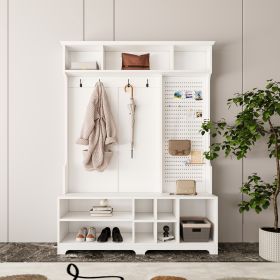 Hall Tree with Shoe Bench, Coat Rack ,Shoe Storage ,Storage Shelves and Pegboard, for Hallways, Halls and Bedrooms - White