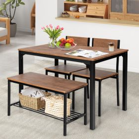 4 Pieces Rustic Dining Table Set with 2 Chairs and Bench - Brown