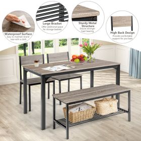 4 Pieces Rustic Dining Table Set with 2 Chairs and Bench - Gray