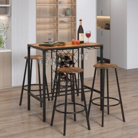 5 Pieces Bar Table and Stools Set with Wine Rack and Glass Holder - Rustic Brown