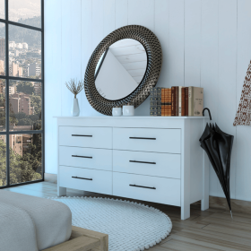 6 Drawer Double Dresser Wezz, Four Legs, Superior Top, White Finish - White