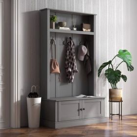 Storage Cabinet Hall Tree Entryway Bench with Coat Rack, Gray-AS - as picture