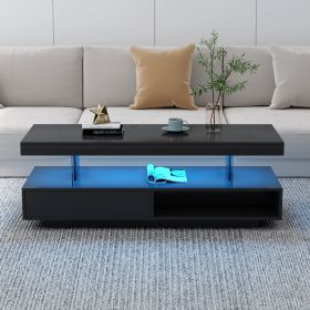 LED Coffee Table with Storage, Modern Center Table with 2 Drawers and Display Shelves, Accent Furniture with LED Lights for Living Room - Black