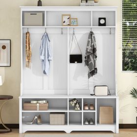 Modern Hallway Hall Tree with Metal Hooks and Storage Space, Multi-Functional Entryway Coat Rack with Shoe Cubbies - White