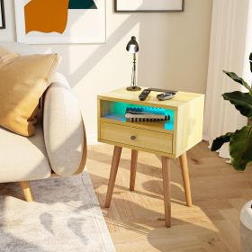 Nightstands with Charging Station, 2-Tier Storage & 20 Colors Remote LED Lights. - Natural