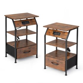 Set of 2 Night Stand, Wooden Bedside Table with Shelves, Drawers, Charging Station and 26 Colors LED Light Strip, Storage End Table