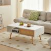 41.34" Rattan Coffee table, sliding door for storage, solid wood legs, Modern table for living room - White