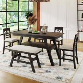6-Piece Wood Counter Height Dining Table Set with Storage Shelf;  Kitchen Table Set with Bench and 4 Chairs; Rustic Style - Espresso