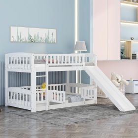 Bunk Bed with Slide,Twin Over Twin Low Bunk Bed with Fence and Ladder for Kids Teens White - as pic