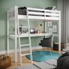 Everest White High Loft Bed with Desk and Storage, Heavy Duty Solid Wood Twin Size Loft Bed Frame with Stairs