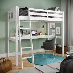 Everest White High Loft Bed with Desk and Storage, Heavy Duty Solid Wood Twin Size Loft Bed Frame with Stairs