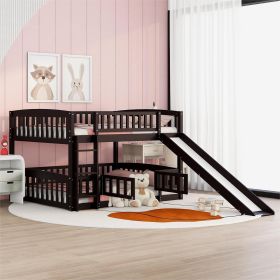 Bunk Bed with Slide,Full Over Full Low Bunk Bed with Fence and Ladder for Toddler Kids Teens Espresso - as pic