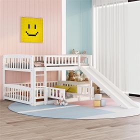 Bunk Bed with Slide,Full Over Full Low Bunk Bed with Fence and Ladder for Toddler Kids Teens White - as pic