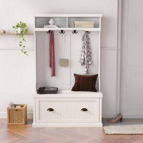 Entryway hall tree with coat rack 4 hooks and storage bench shoe cabinet white - as pic
