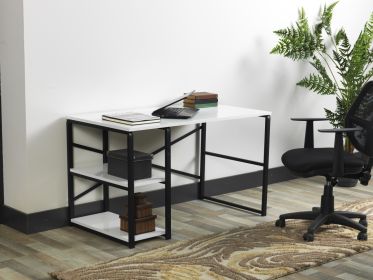 Furnish Home Store Sage Black Metal Frame 47" Wooden Top 2 Shelves Writing and Computer Desk for Home Office, White - as pic