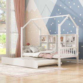 Wooden Twin Size House Bed with Trundle,Kids Bed with Shelf, White - as pic