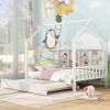Wooden Full Size House Bed with Trundle,Kids Bed with Shelf, White - as pic